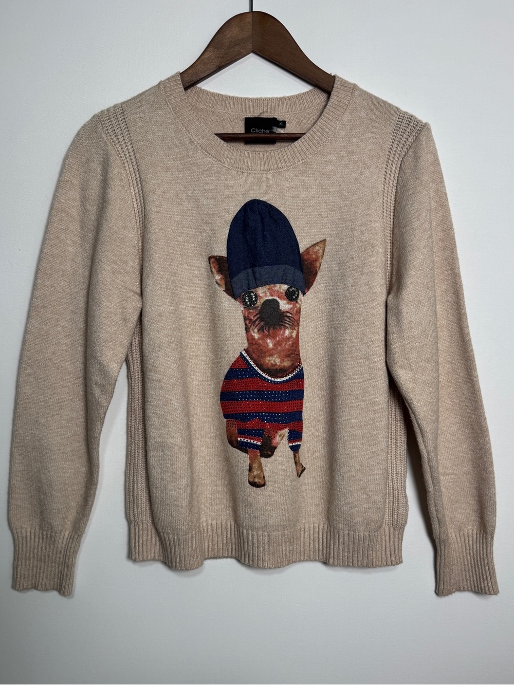Cliché XL Novelty Dog Sweater Embellished Rhinestone Sequin Crewneck Beige
